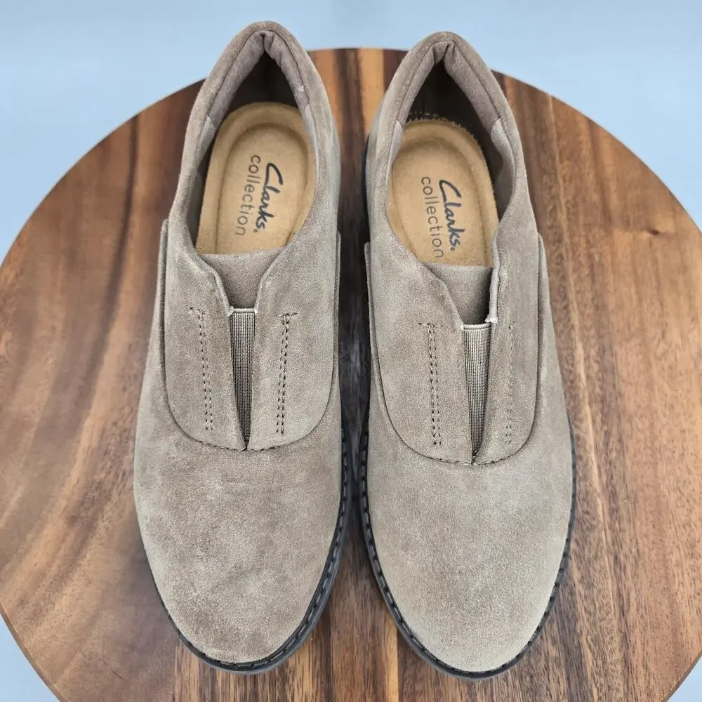 Clarks Shoes Women 7 M Tan Brown Suede Leather Airabell Comfort Slip On Platform